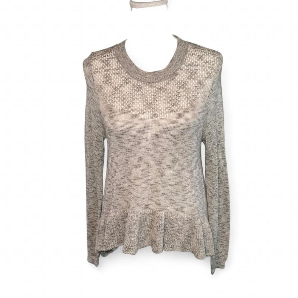 FANCY & BEAUTIFUL GRAY SWEATER TAPER RUFFLE EDGES SEE THRU KNIT CHEST LADIES LG
